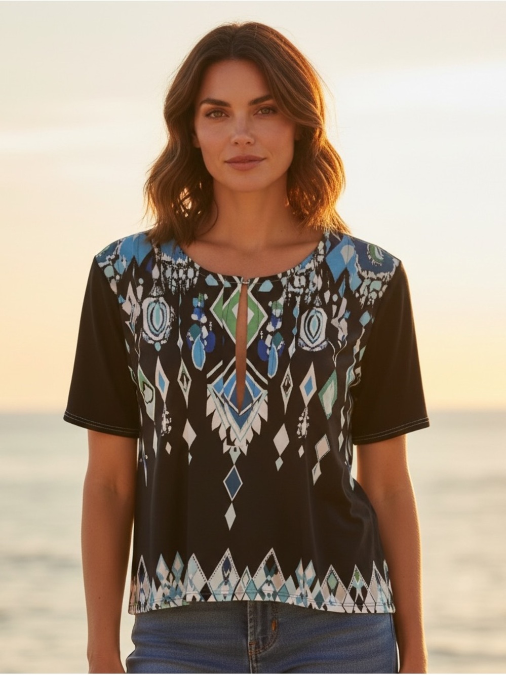 Women’s Black Geometric Print Short Sleeve Top